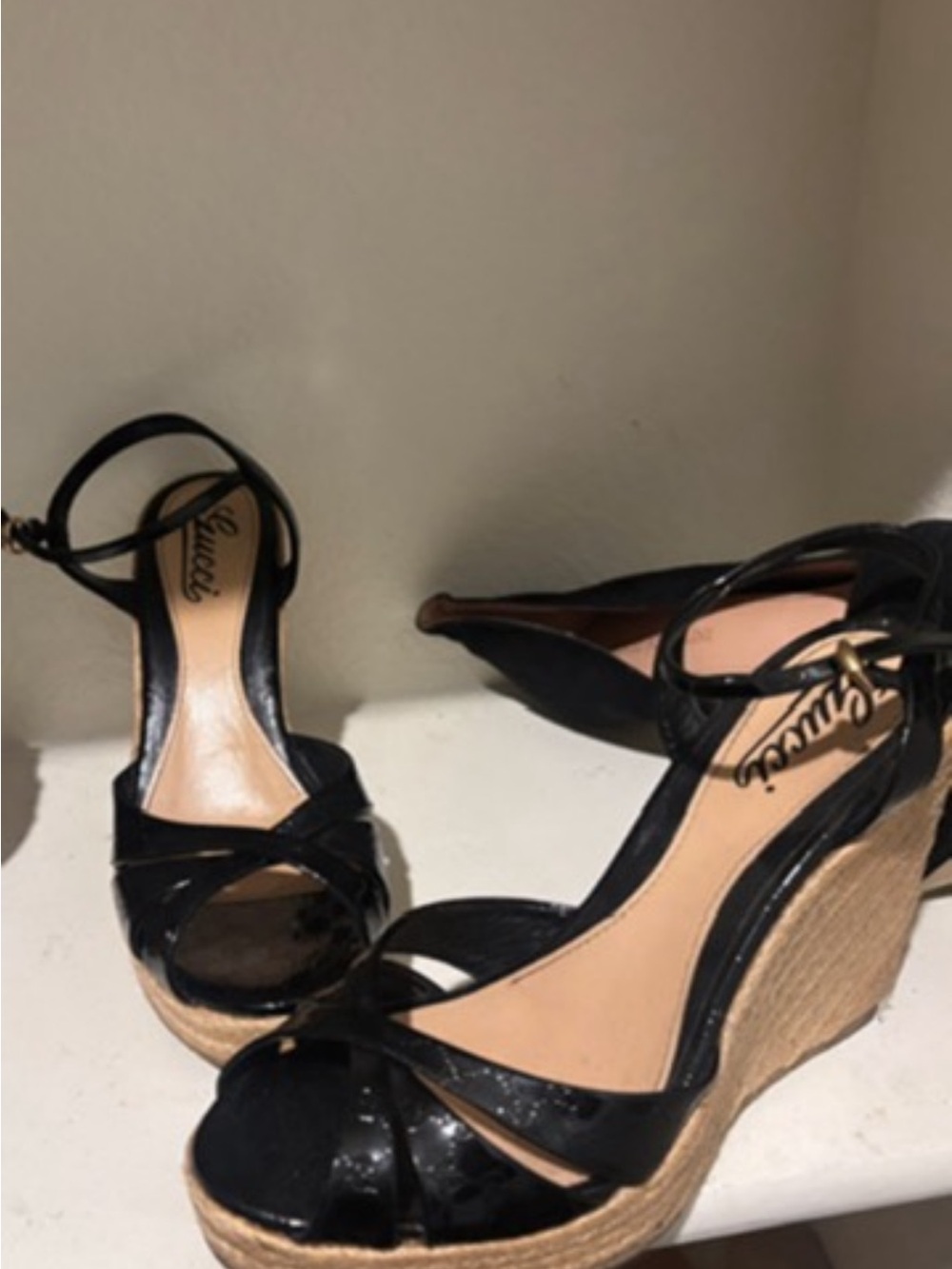 Gucci Black Patent Leather Espadrille Wedge Sandals